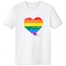 LGBT点彩油画风格同志蕾丝边跨性别者双性恋支持者彩虹旗心艺术图案 男女白色纯棉短袖T恤创意印花纪念衫个性T恤衫